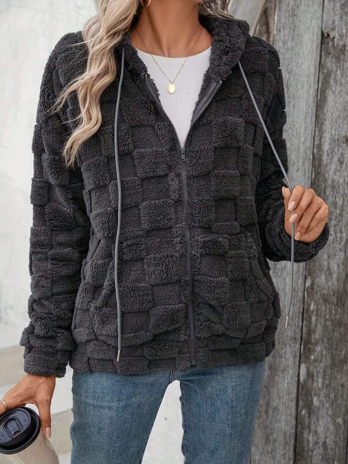 Checkered Texture Zip Up Drawstring Fuzzy Jacket - Trendsi - Flyclothing LLC