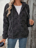 Checkered Texture Zip Up Drawstring Fuzzy Jacket - Trendsi - Flyclothing LLC