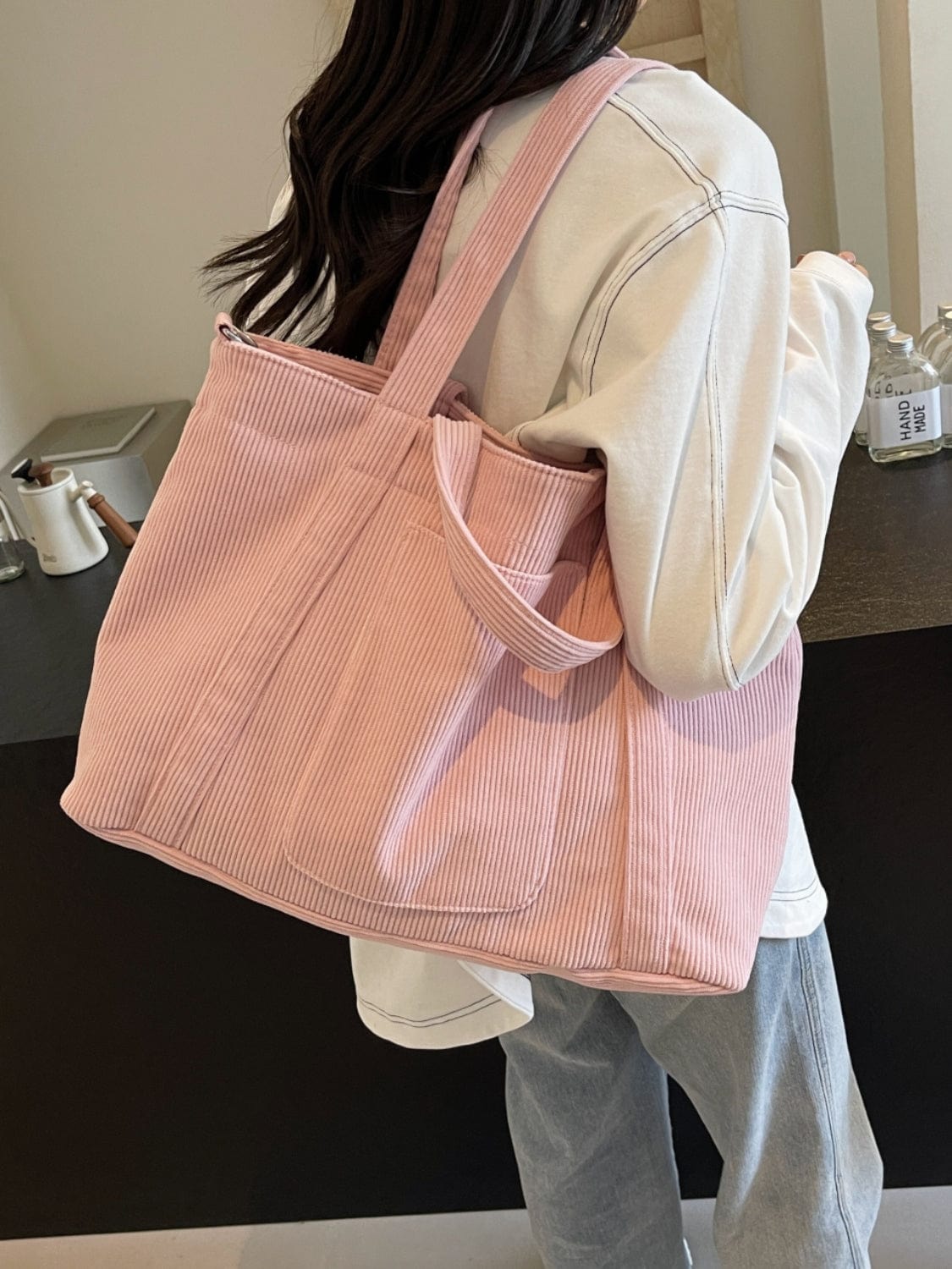 Corduroy Solid Large Tote Bag - Trendsi