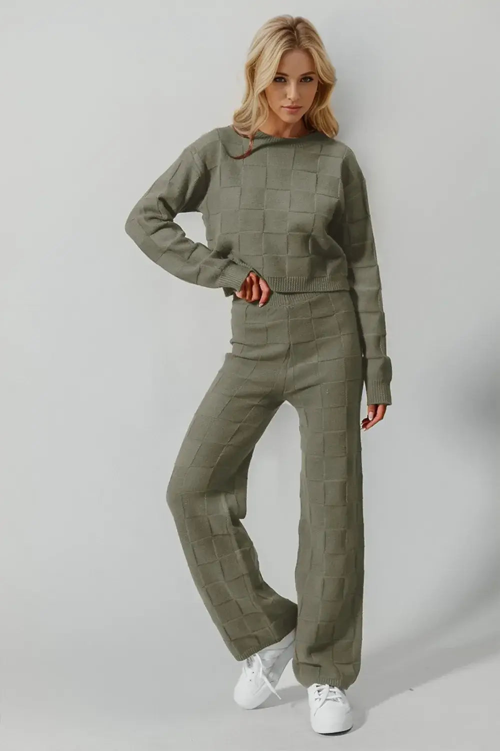 Double Take Full Size Checkered Round Neck Top and Pants Set - Trendsi - Flyclothing LLC