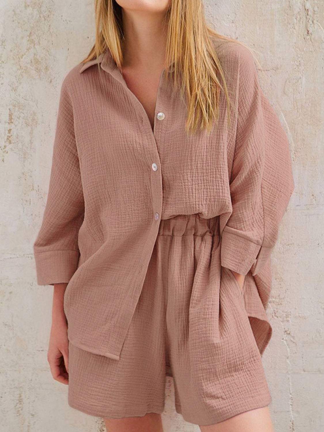 Texture Button Up Shirt and Shorts Set - Trendsi - Flyclothing LLC
