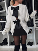 Bow Slit Back Round Neck Sweater - Trendsi - Flyclothing LLC