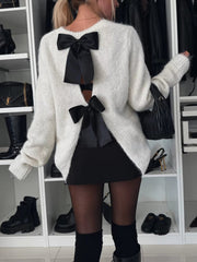 Bow Slit Back Round Neck Sweater - Trendsi