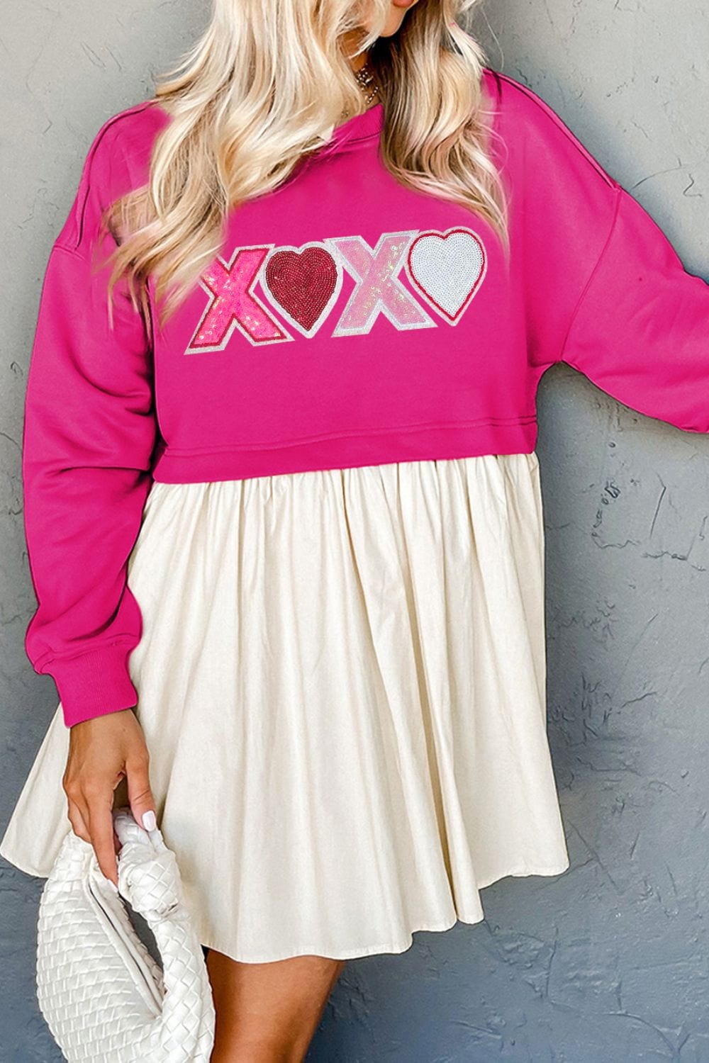 XOXO Sequin Heart Long Sleeve Dress - Trendsi
