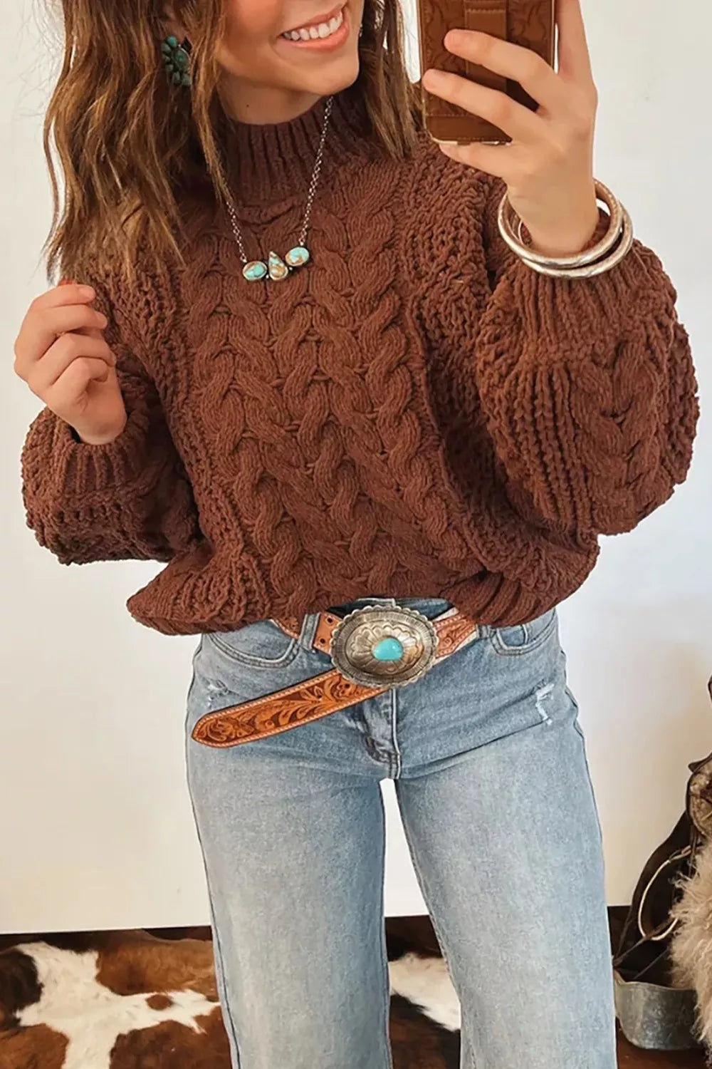 Mock Neck Cable Knit Sweater - Trendsi - Flyclothing LLC