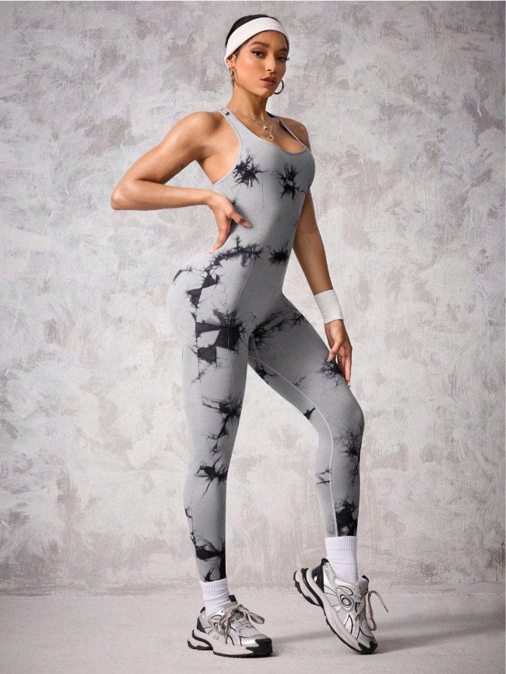 Back Crisscross Tie-Dye Scoop Neck Active Jumpsuit - Trendsi - Flyclothing LLC