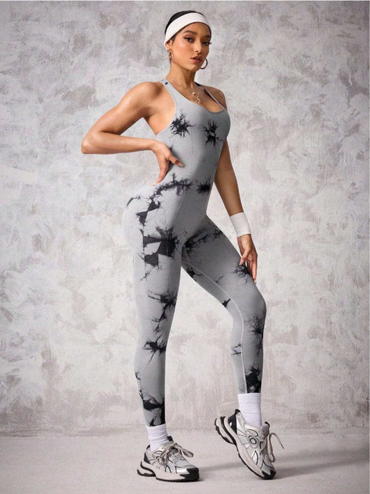 Back Crisscross Tie-Dye Scoop Neck Active Jumpsuit - Trendsi - Flyclothing LLC