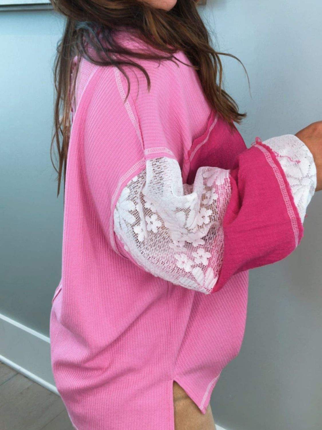 Lace Patchwork Sleeve Stitching V Neck Top - Trendsi - Flyclothing LLC