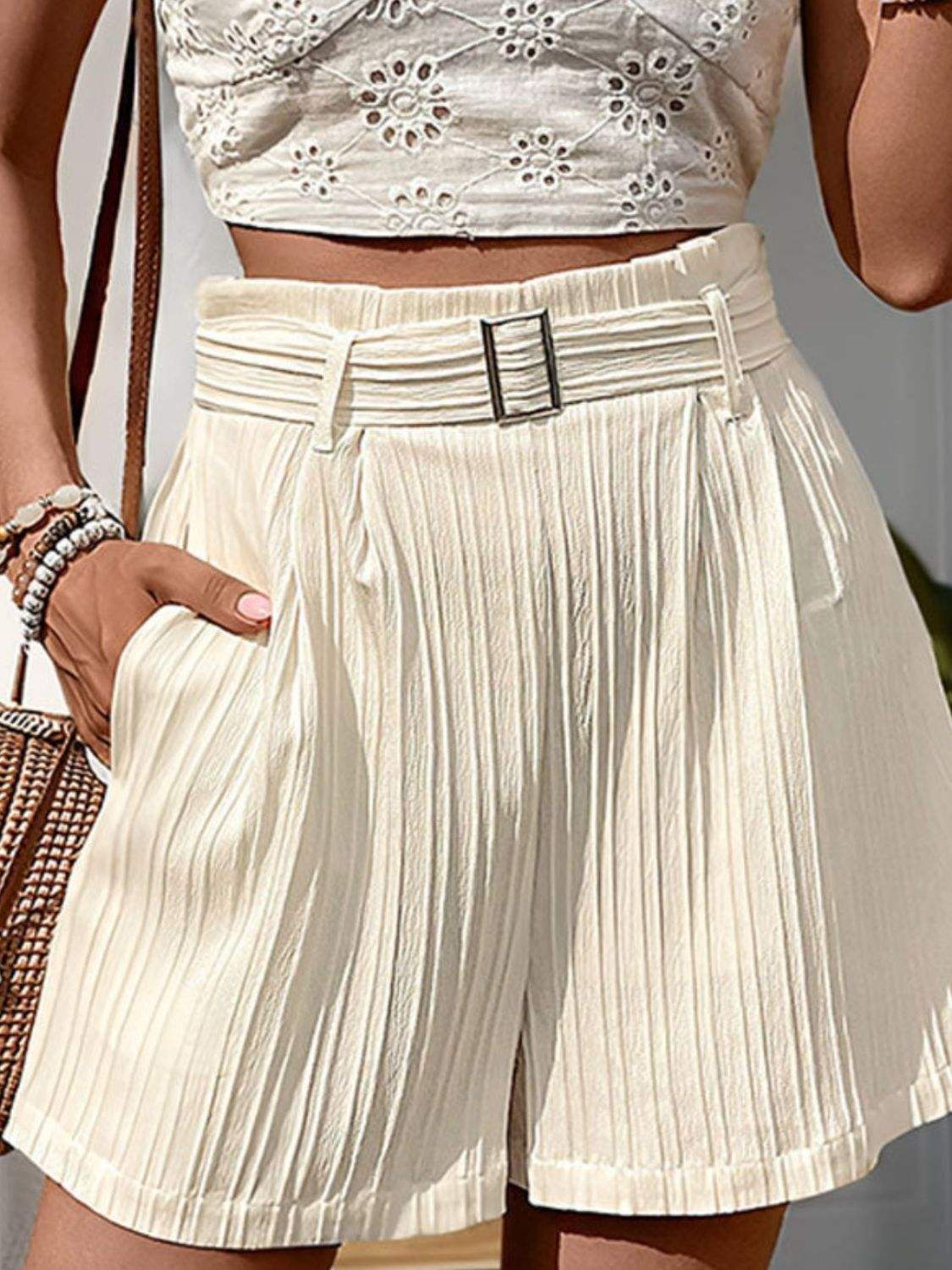 Textured High Waist Shorts with Pockets - Trendsi - Flyclothing LLC