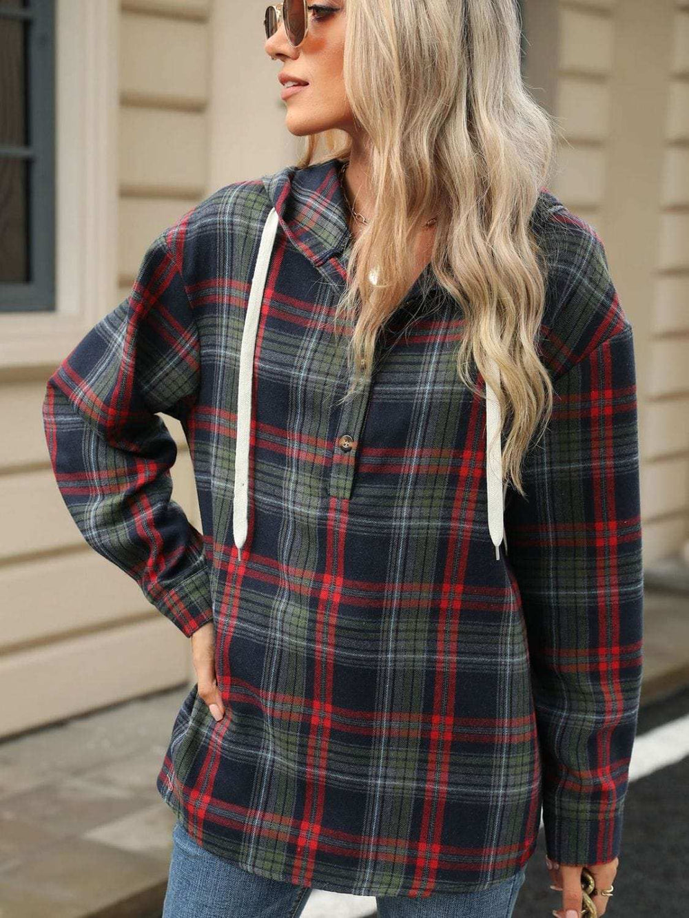 Drawstring Plaid Hooded Long Sleeve Top - Trendsi - Flyclothing LLC