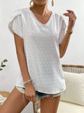 Swiss Dot Lace Detail V-Neck Petal Sleeve Blouse - Trendsi