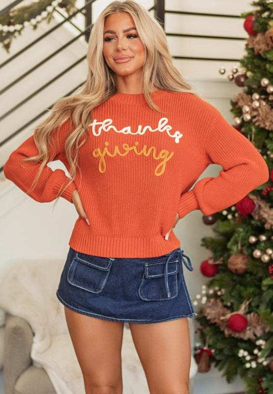 THANKS GIVING Round Neck Long Sleeve Sweater - Trendsi - Flyclothing LLC