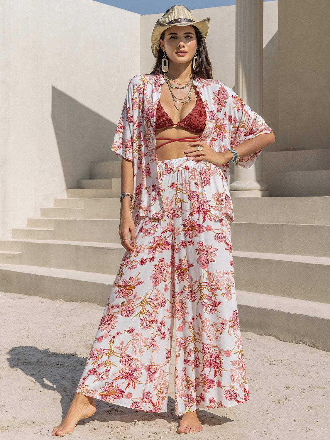 Printed Open Front Half Sleeve Top and Pants Set - Trendsi - Flyclothing LLC