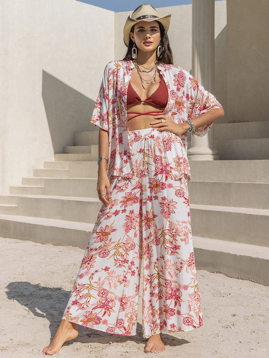Printed Open Front Half Sleeve Top and Pants Set - Trendsi
