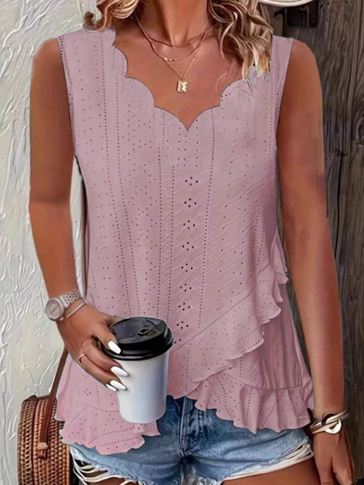 V-Neck Eyelet Ruffled Tank Top - Trendsi - Flyclothing LLC