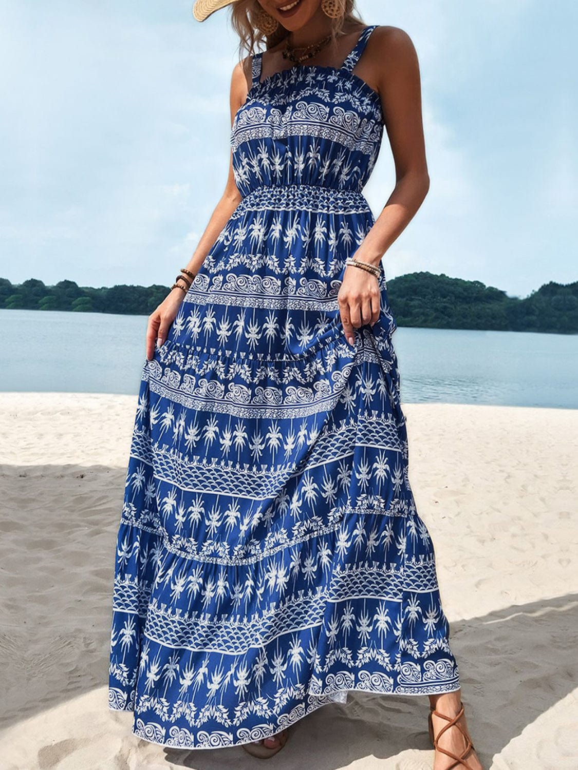 Printed Square Neck Sleeveless Maxi Dress - Trendsi
