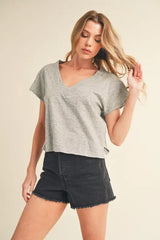 Aemi + Co Side Slit V-Neck Short Sleeve Cropped T-Shirt - Trendsi - Flyclothing LLC