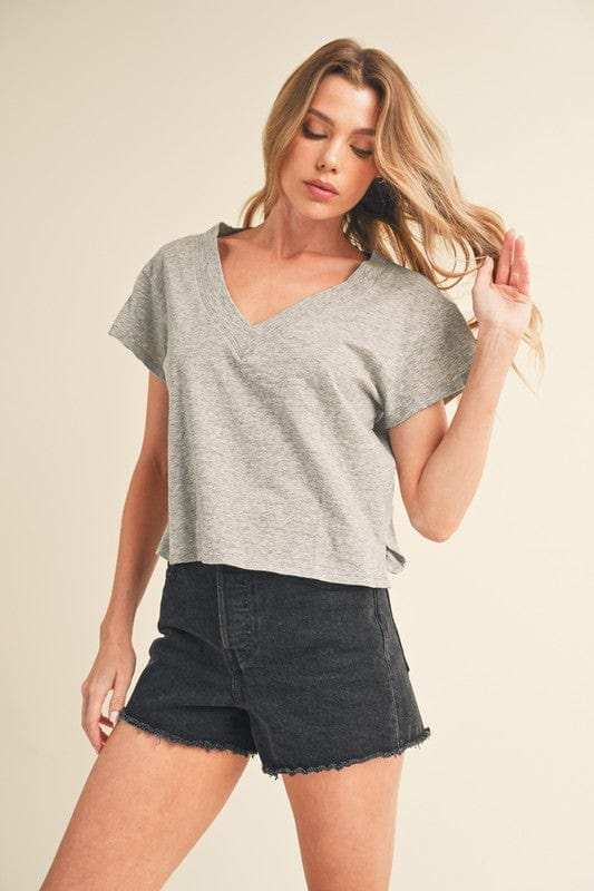 Aemi + Co Side Slit V-Neck Short Sleeve Cropped T-Shirt - Trendsi - Flyclothing LLC