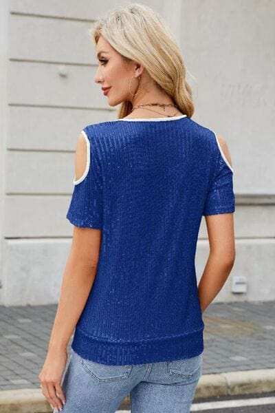 Sequin Cold Shoulder Short Sleeve Blouse - Trendsi - Flyclothing LLC