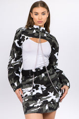 American Bazi Camouflage Cropped Jacket with Chains - Trendsi