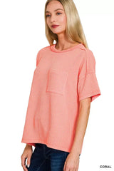 Zenana Raised Rib Exposed Seam Short Sleeve Top - Trendsi - Flyclothing LLC