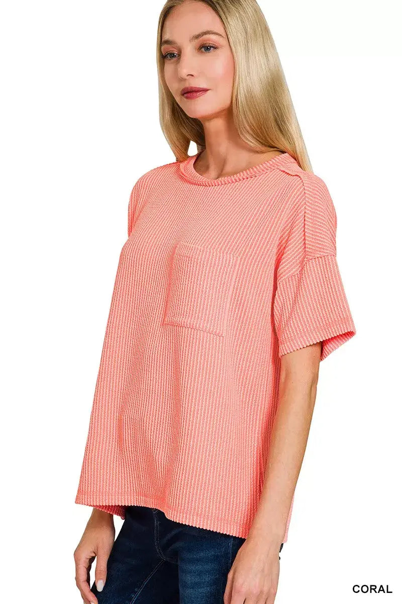 Zenana Raised Rib Exposed Seam Short Sleeve Top - Trendsi - Flyclothing LLC