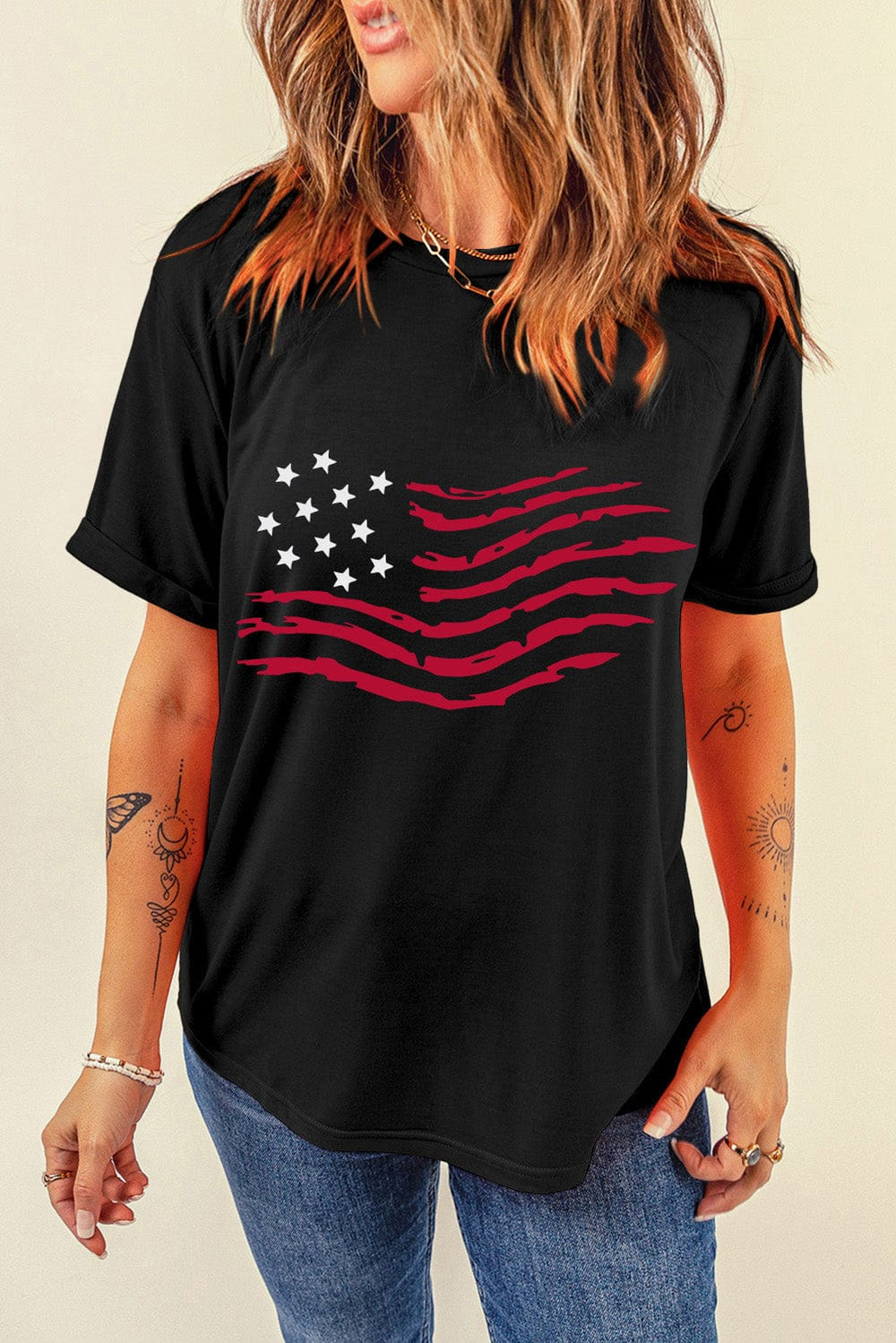 US Flag Round Neck Short Sleeve T-Shirt Trendsi