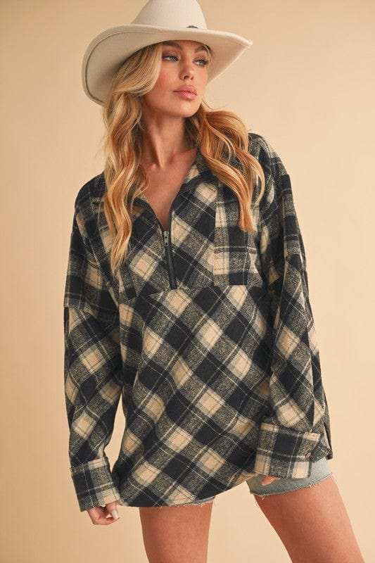 Aemi + Co Slit Plaid Half Zip Drop Shoulder Top - Trendsi - Flyclothing LLC