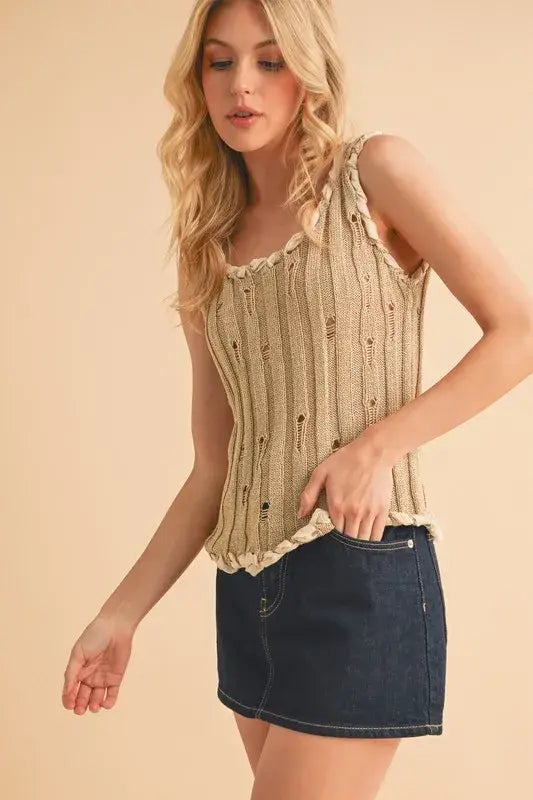 Aemi+Co Distressed Detail Round Neck Knit Tank - Trendsi - Flyclothing LLC