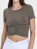 Ruched Round Neck Short Sleeve Active T-Shirt - Trendsi - Flyclothing LLC