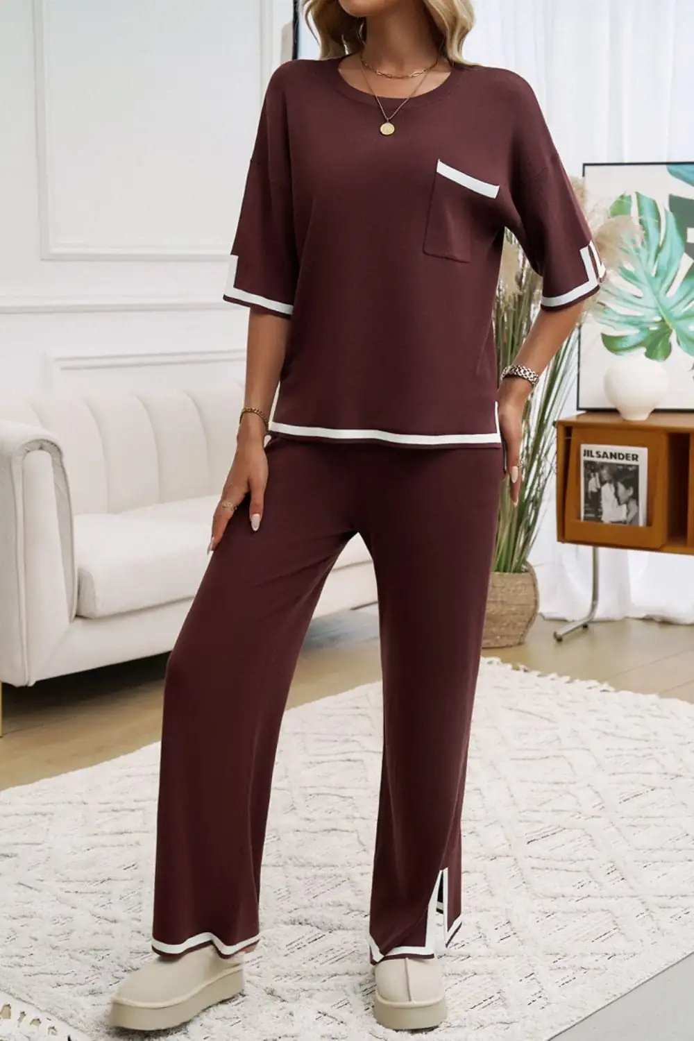 Devine Contrast Trim Half Sleeve Top and Pants Set - Trendsi - Flyclothing LLC