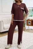 Devine Contrast Trim Half Sleeve Top and Pants Set - Trendsi - Flyclothing LLC