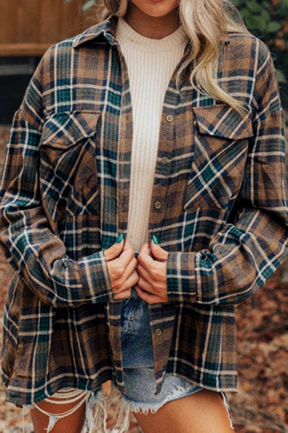 Plaid Button Up Long Sleeve Jacket - Trendsi - Flyclothing LLC