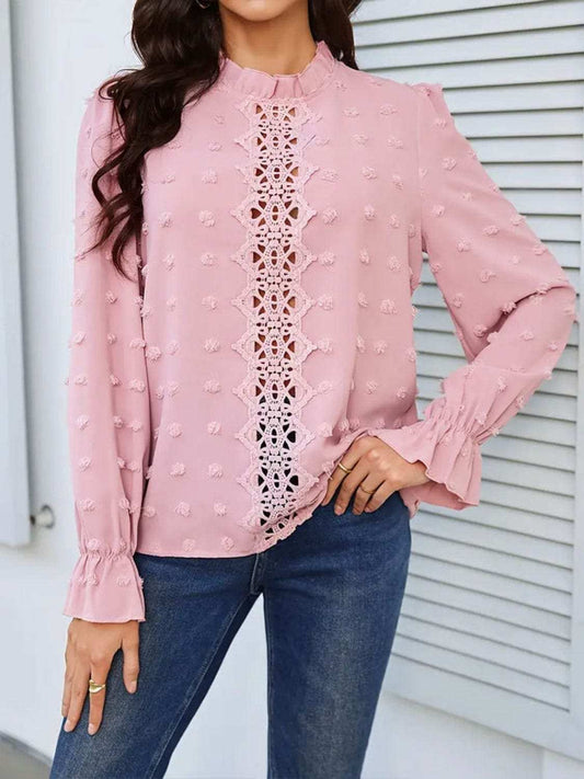 Swiss Dot Mock Neck Flounce Sleeve Blouse - Trendsi - Flyclothing LLC