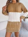 Cable-Knit Round Neck Color Block Sweater Dress - Trendsi - Flyclothing LLC
