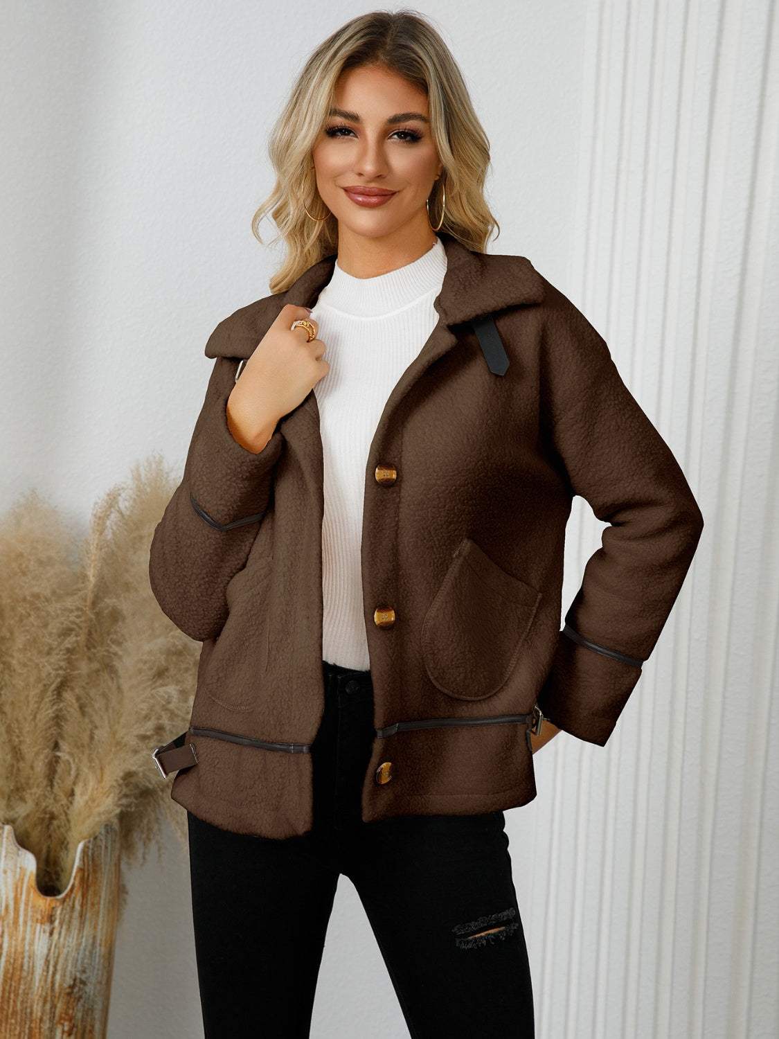 Pocketed Button Down Collared Neck Jacket - Trendsi - Flyclothing LLC