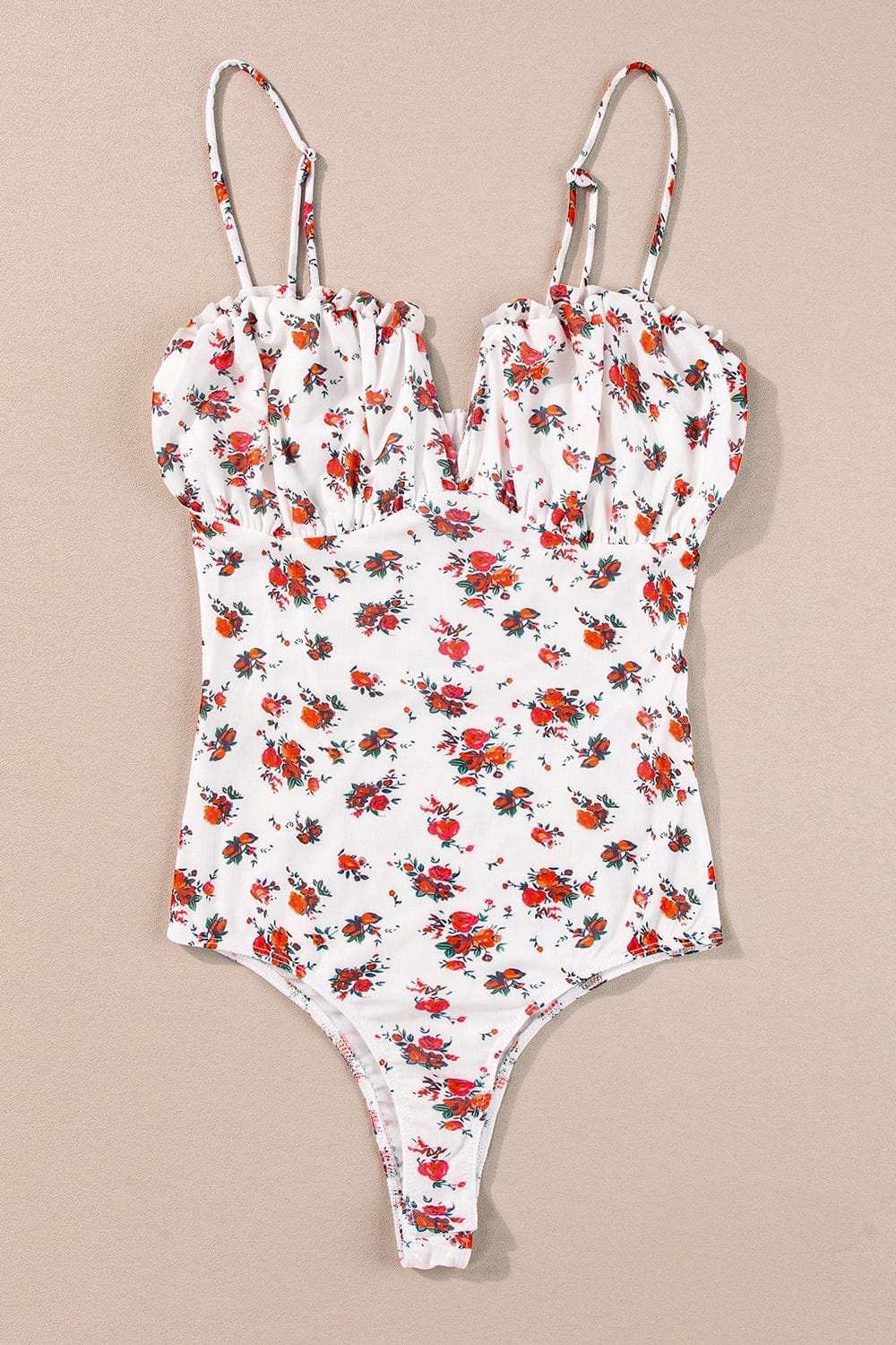 Floral Frilled Trim Spaghetti Straps Bodysuit - Trendsi - Flyclothing LLC