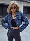 Distressed Raw Hem Collared Neck Long Sleeve Denim Top - Trendsi