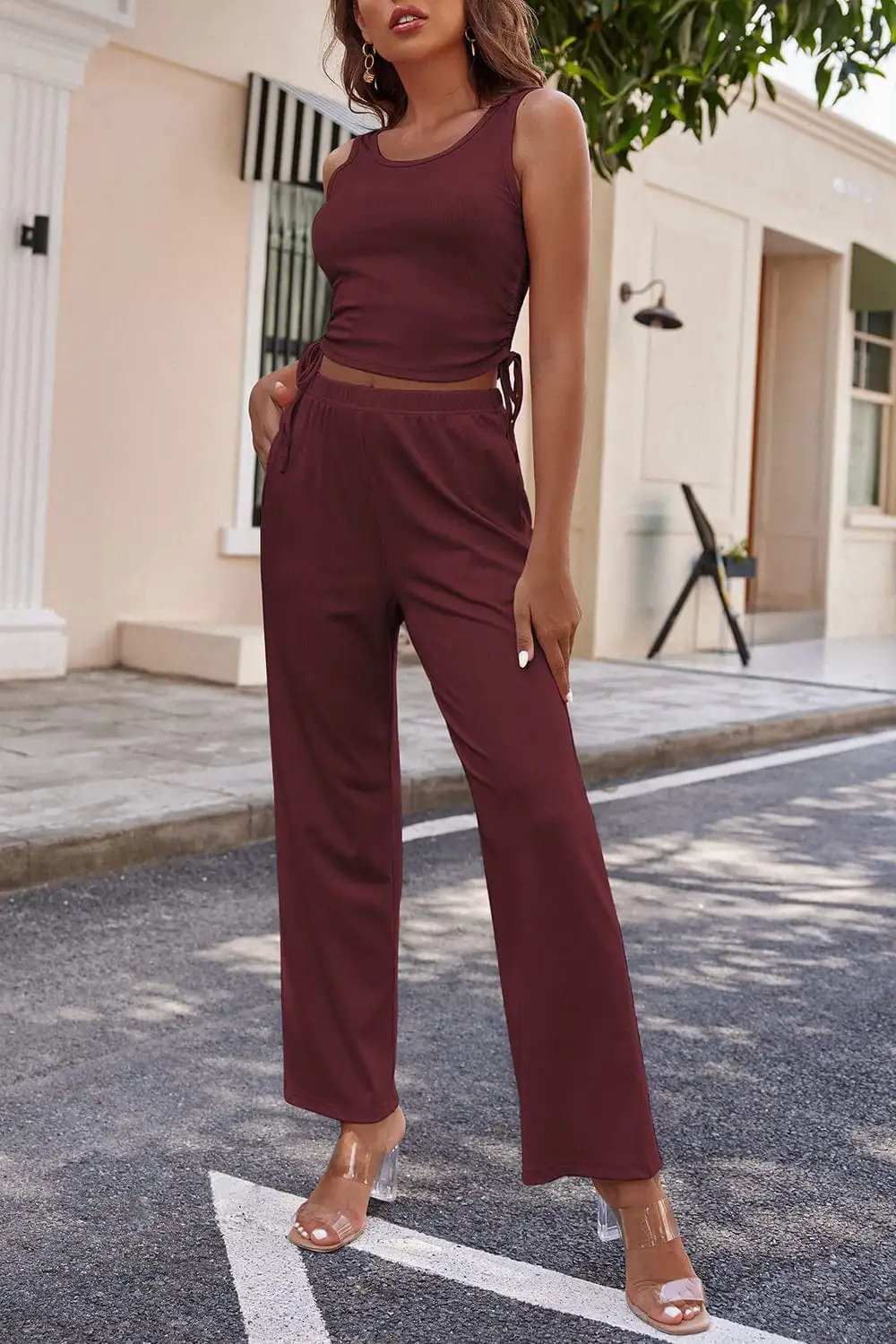 Drawstring Tank, Long Sleeve Cover Up and Pants Set - Trendsi - Flyclothing LLC