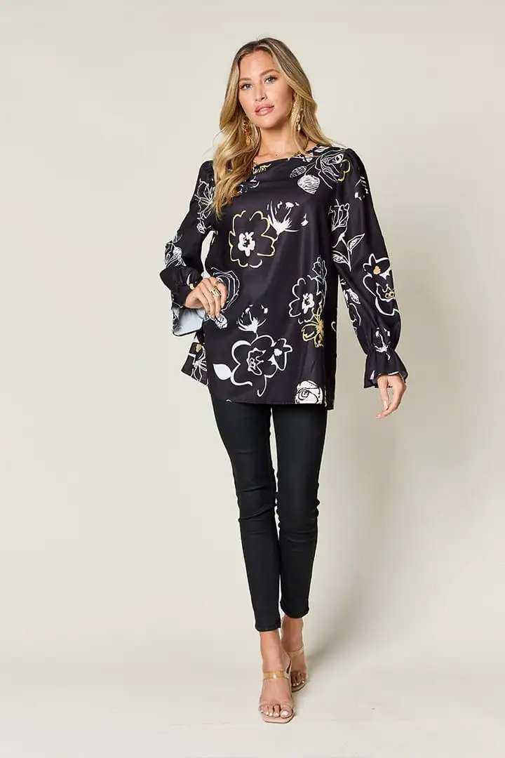 Double Take Full Size Printed Flounce Sleeve Blouse - Trendsi - Flyclothing LLC
