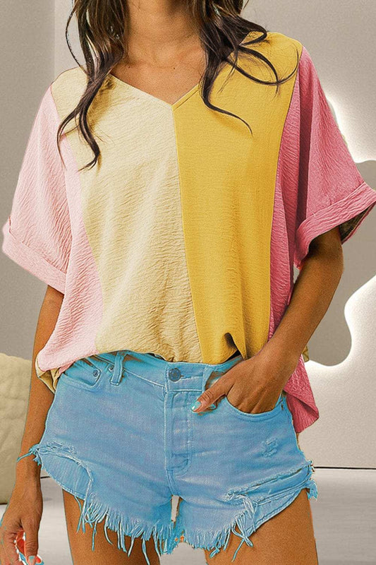 Color Block V-Neck Half Sleeve T-Shirt - Trendsi - Flyclothing LLC