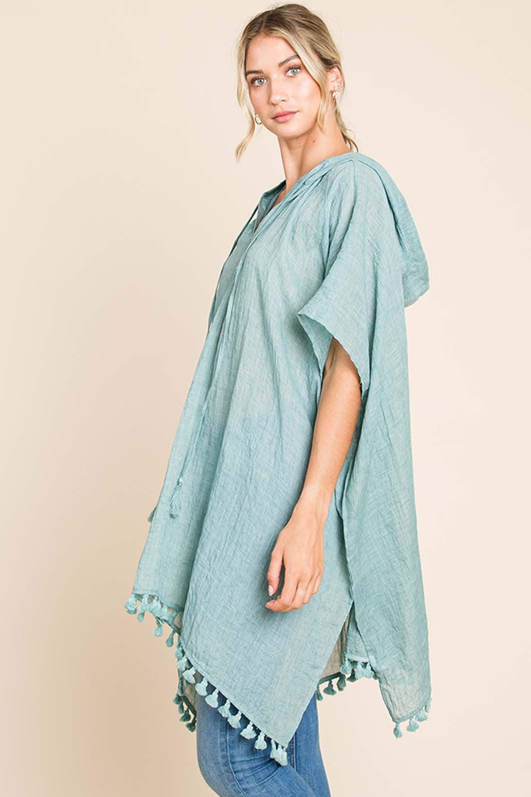 Cotton Bleu by Nu Label Tassel Hem Hooded Cover Up - Trendsi - Flyclothing LLC