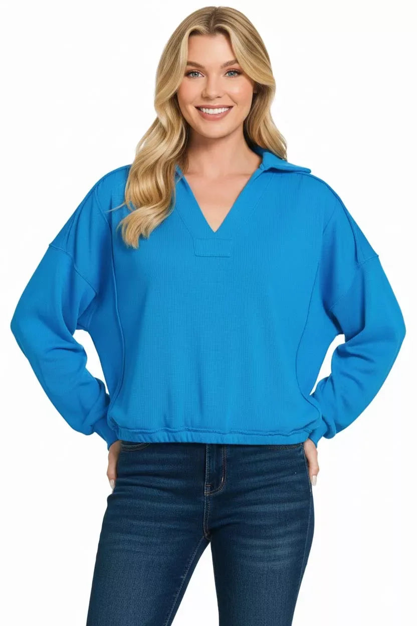 Zenana French Terry Collared Exposed Seam Sweatshirt - Trendsi - Flyclothing LLC