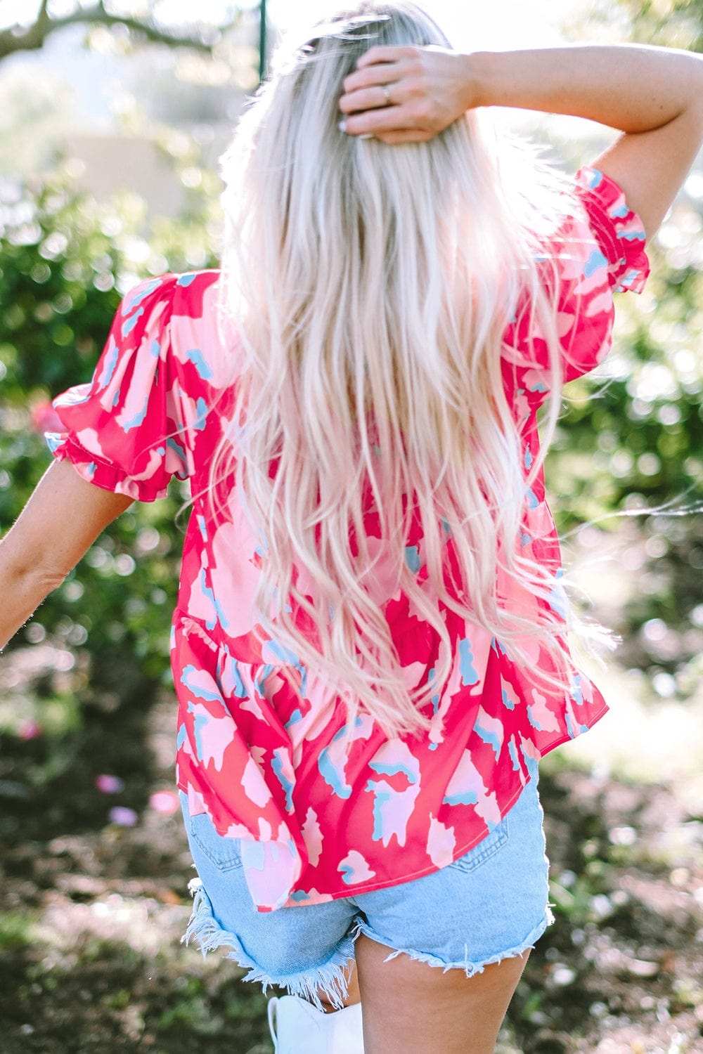 Peplum Printed Notched Short Sleeve Blouse - Trendsi - Flyclothing LLC