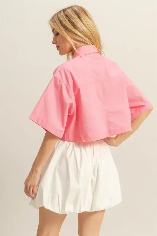 HYFVE Front Pockets Poplin Collared Neck Crop Shirt - Trendsi - Flyclothing LLC
