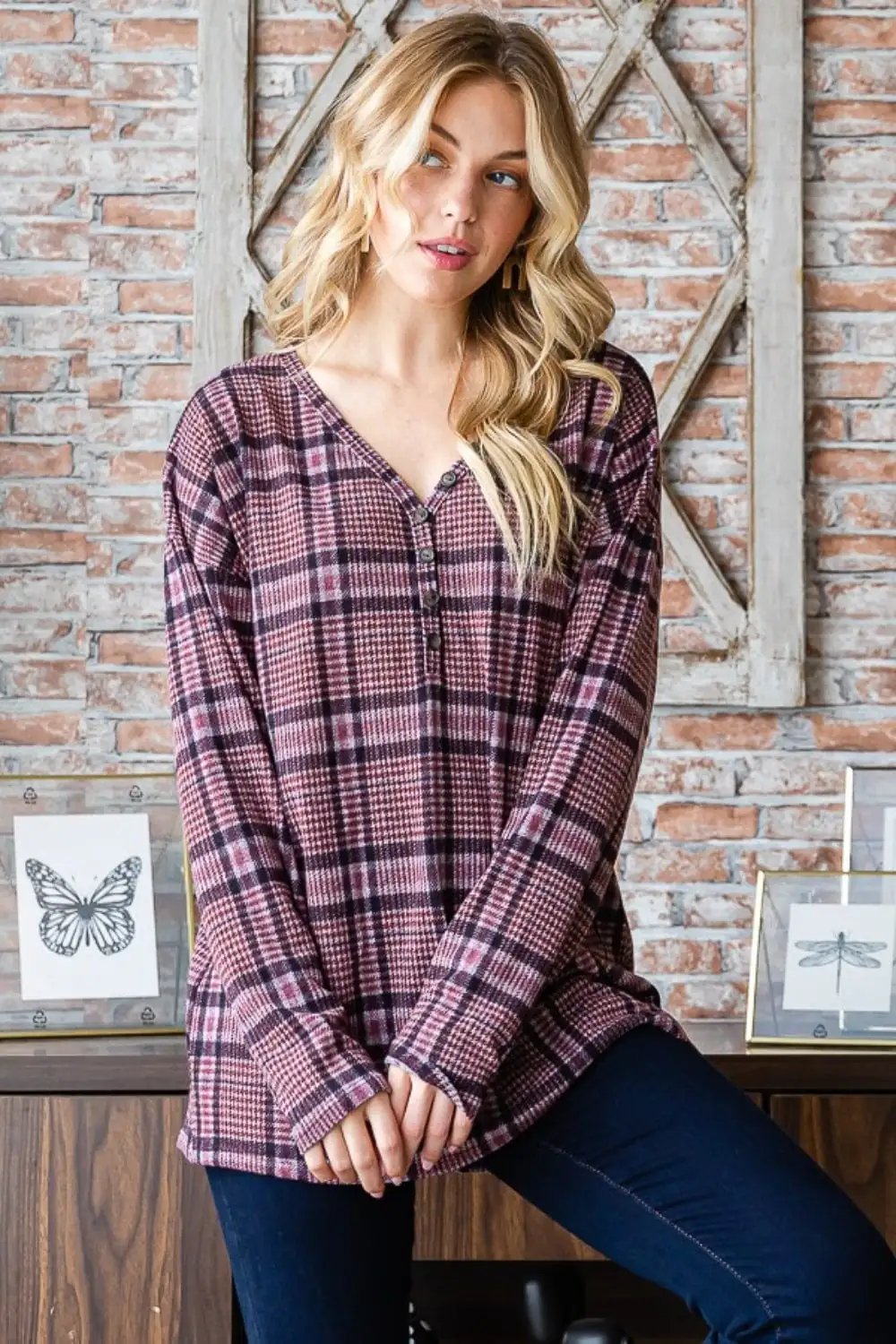 Heimish Full Size Plaid V-Neck Long Sleeve Top - Trendsi