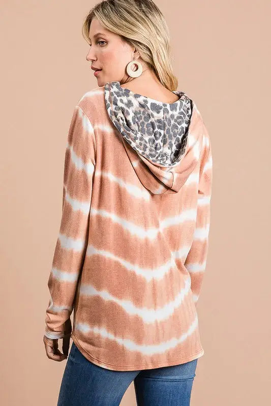 BiBi Tie Dye Stripe Terry Drawstring Hoodie With Leopard - Trendsi - Flyclothing LLC