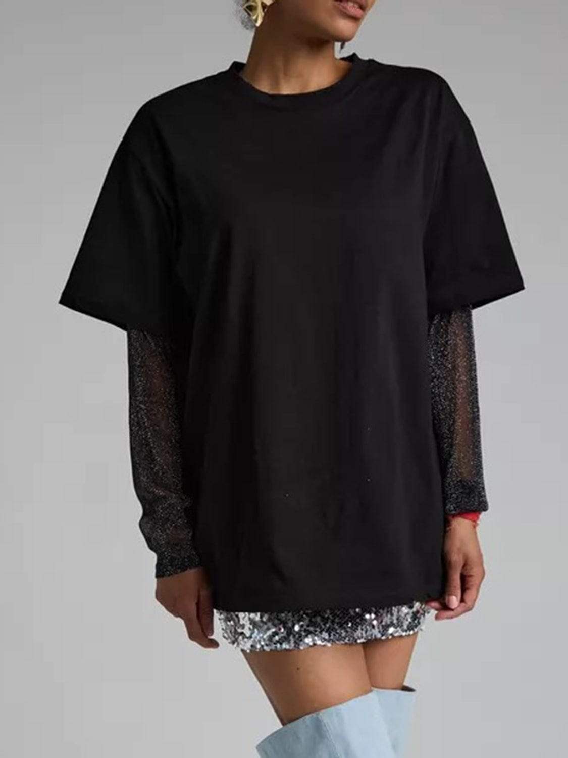Faux Layered Round Neck Mesh Sleeve Top - Trendsi - Flyclothing LLC