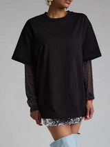Faux Layered Round Neck Mesh Sleeve Top - Trendsi - Flyclothing LLC