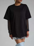Faux Layered Round Neck Mesh Sleeve Top - Trendsi - Flyclothing LLC